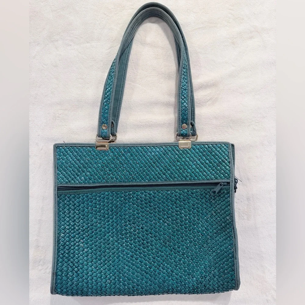 Vintage Woven Straw Tote Bag Colorblock Pink Teal Mustard Made in Italy - Picture 6 of 10